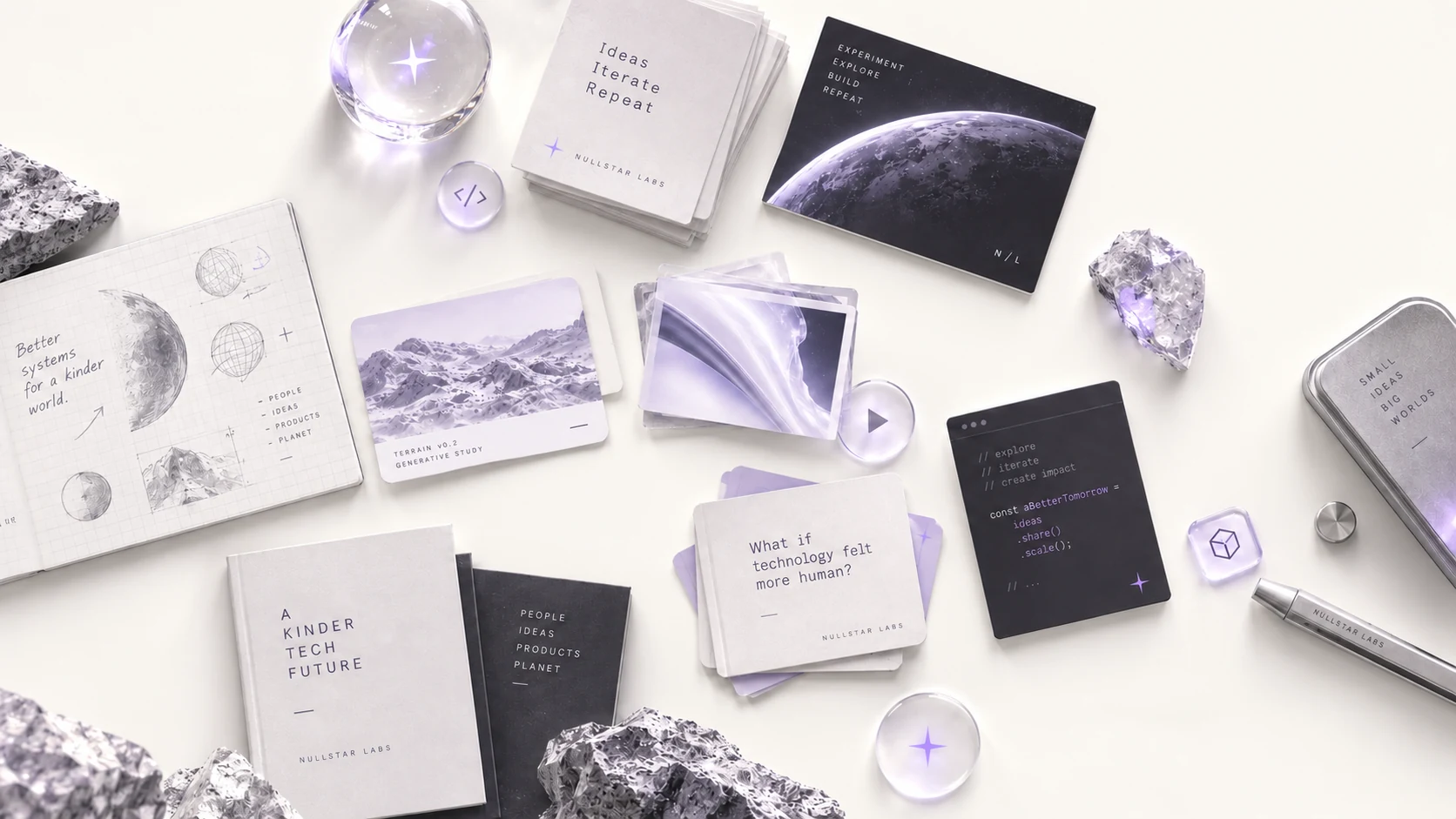 An ivory experimental desk with research notebooks, terrain studies, media prints, prompt cards, code and lavender glass objects