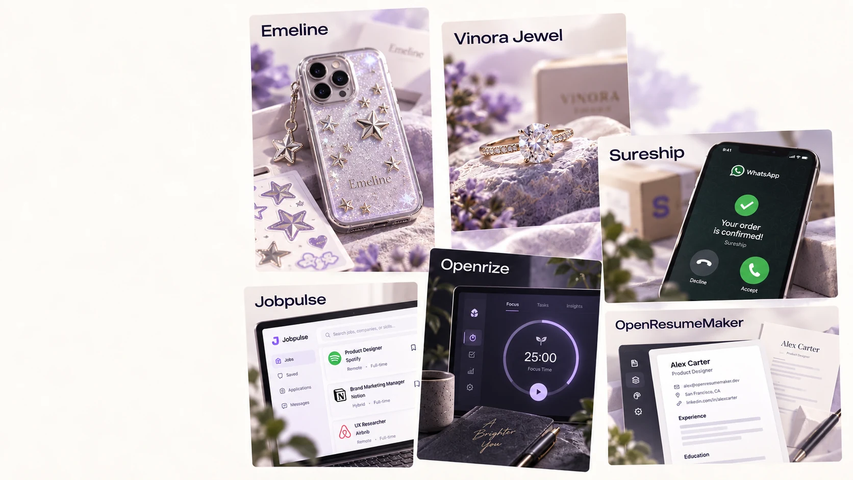 An editorial collage of six Nullstar projects: Emeline, Vinora Jewel, SureShip, JobPulse, OpenRize and OpenResumeMaker